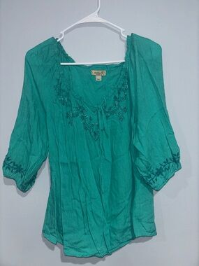 ONE WORLD Teal Green Embroidered Peasant Tunic